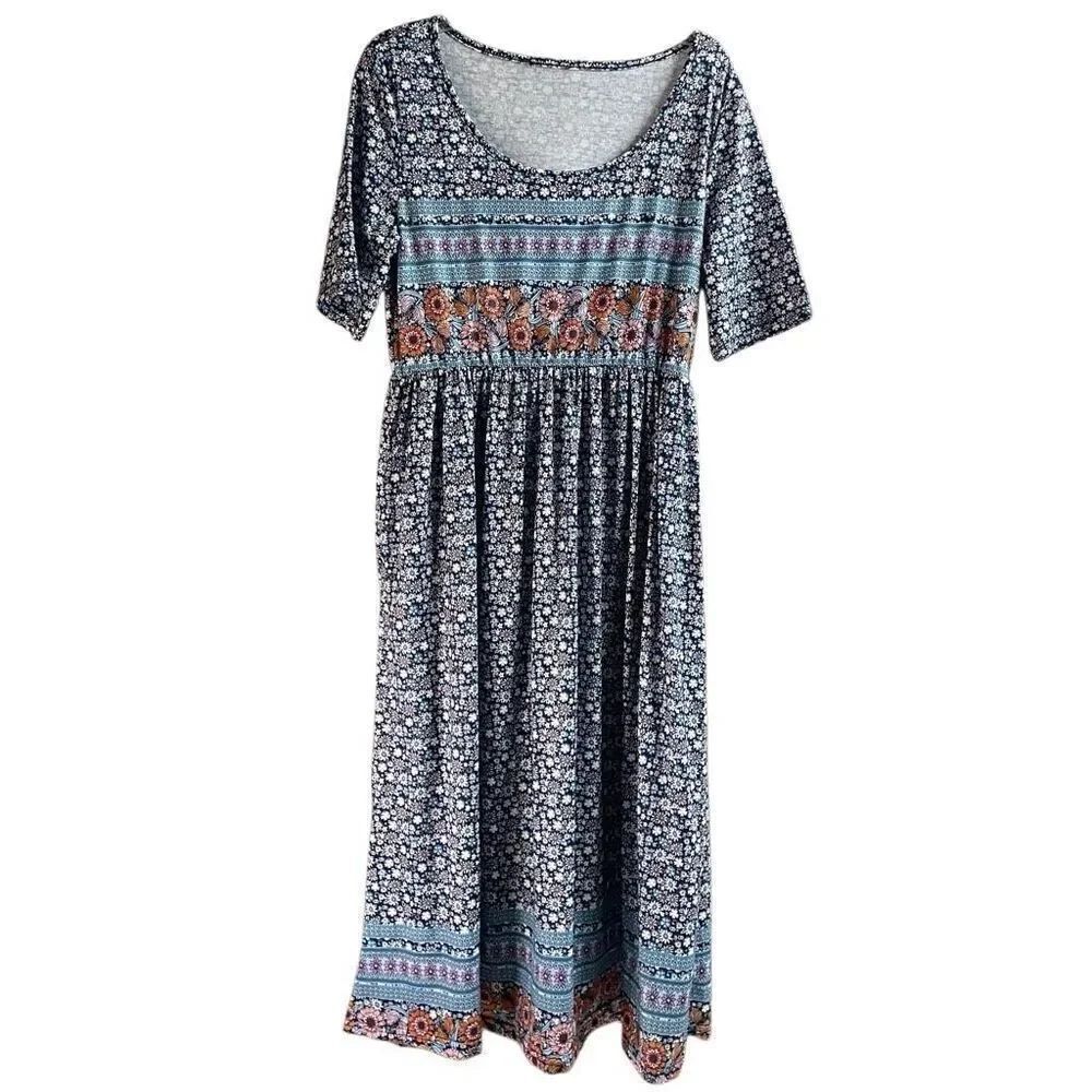 Women’s Floral Boho Flowy Dress Short Sleeves Pullover Scoop Neck Cottagecore